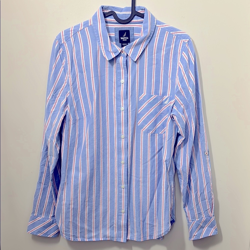 Nautica Jeans M Women's Blue and Pink Striped Roll-Tab-Sleeve Button-Front Shirt